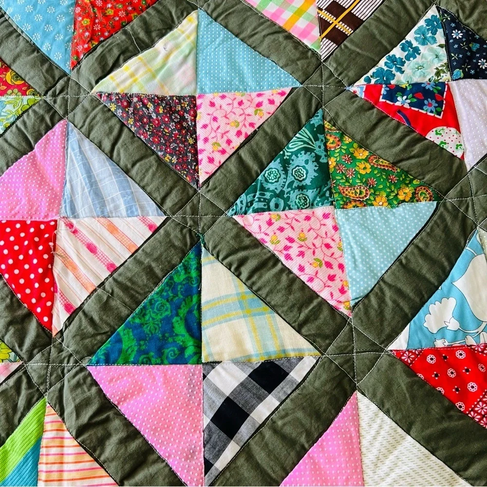 Vintage Handmade Patchwork Quilt 65” x 80” – Multicolor Triangle Blocks Full.